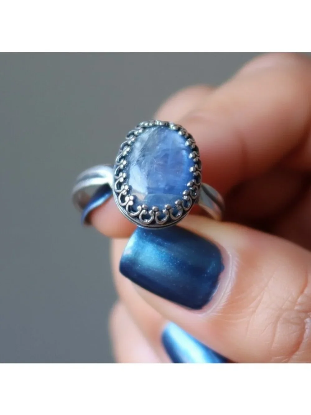 Kyanite Ring Blue Oval Crystal Sterling Silver Adjustable Size 5 to 8 Boho Jewel
